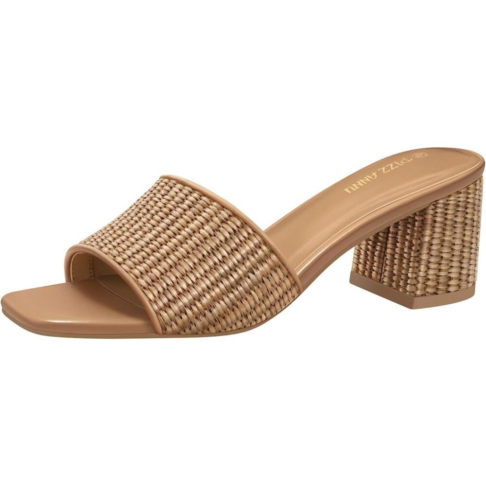 🆕Women Khaki Raffia Square Open Toe Heel Sandals Low Block Chunky Heeled Sandal